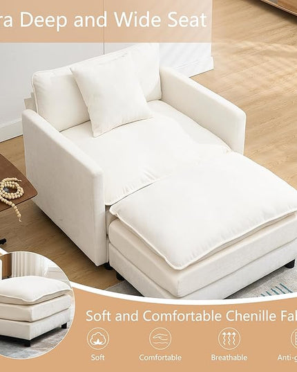 SZLIZCCC 56.3''D Oversized Chaise Lounge Chair Indoor, Comfy Chenille Upholstered Sofa Chair with Ottoman, Deep Seat Single Sofa Couch with 1 Pillow for Living Room (Beige, 56.3"- Single Seat)