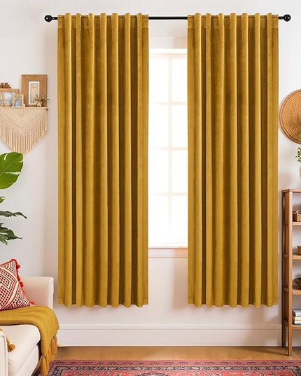 KOUFALL Colorful Boho Curtains 63 Inch Length for Living Room, Mustard Yellow Room Darkening Retro Mid Century Modern Accent Curtains for Bedroom 63 Inch Long 2 Panels Set