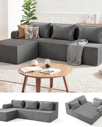 93" Sectional Couches for Living Room, Modular Sectional Sofa, Cloud Couch with L-Shape Chaise, Boneless Couches, Comfy Corduroy Fluffy Couch with Deep Seat, No Assembly Required, Grey
