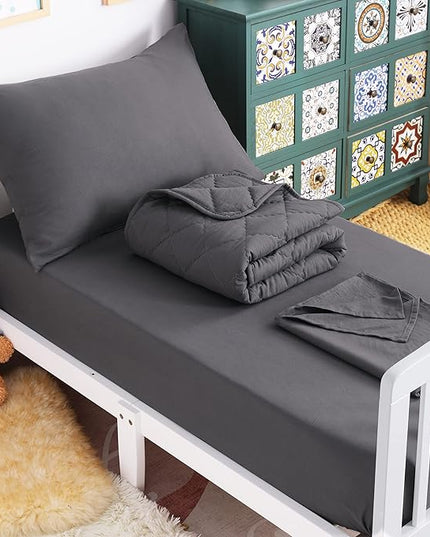 NTBAY Toddler Bedding Set - 4 Piece Soft and Breathable Crib Bedding Set for Boys and Girls, Includes Quilted Comforter, Fitted Sheet, Flat Top Sheet and Envelope Pillowcase, Dark Grey