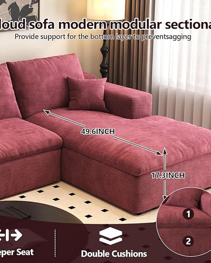 136.6'' U-Shaped Modern Modular Sectional Cloud Couch Whit Ottoman, 4-Seat Chenille Deep-Seat Sofa with Pillow for Living Room, Bedroom, Apartment, Wine Red