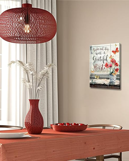 Red Flower Canvas Wall Art Retro Farmhouse Butterfly Poppy Painting Picture Wall Decor Modern Blossom Begin Each Day With a Grateful Heart Poster Print Artwork for Bathroom Bedroom Home Decoration