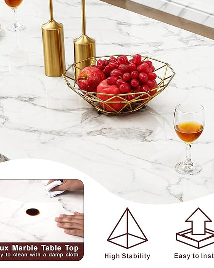70 Inch Modern Rectangular Dining Table for 6, Faux Marble Top with Mirrored Stainless Steel Base, Large Kitchen Table for Dining Room, Living Room, Office, Conference, (Table Only) (Gold + White)