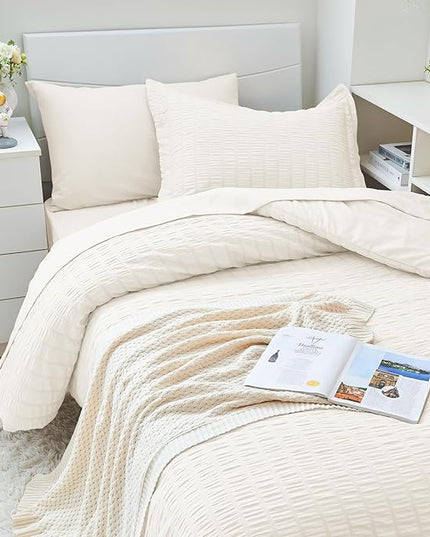 HYMOKEGE Ivory Twin XL Comforter Set Seersucker 5 Pieces, All Season Luxury Bed in a Bag for Bedroom, Bedding Set with Comforter, Sheets, Pillowcase & Sham