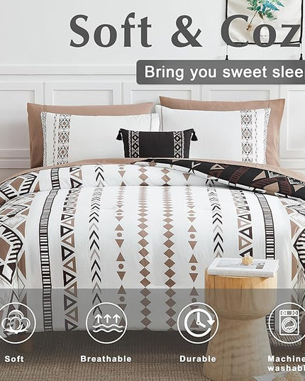 Geniospin Queen Comforter Set - 7 Pieces Reversible Bedding Set, Boho Bed in A Bag, Lightweight Soft Aztec Bedding, All Season Bed Comforter Set with Sheets, Pillowcases & Shams