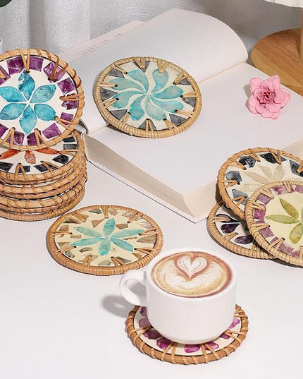uxcell 2Pcs Handmade Woven Rattan Coasters, Heat-Resistant Drink Coasters for Coffee Table Dining Room Kitchen Coffee Wine Decor, Deep Blue Leaf