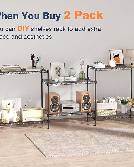 3-Tier Wire Shelf Rack,24" Dx14 Wx 30" H,Wire Metal Shelving with Lockable Wheels,Height Adjustable Storage Sranding Shelves for Kitchen,Living Room,Laundry,Office,Pantry,Studio,Black