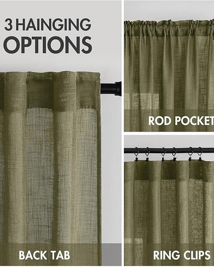 MIULEE Light Olive Green Linen Curtains 54 Inch Length 2 Panels for Bedroom Living Room, Soft Linen Textured Natural Short Window Drapes Semi Sheer Light Filtering Back Tab Rod Pocket Burlap Look