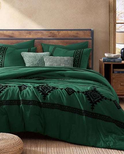 MaiRêve Embroidery Comforter Set, Boho Farmhouse Western Bedding Set, All Season Bed in A Bag Comforter Set with Sheets, Pillowcases & Shams, Emerald Green Queen 7 Pieces
