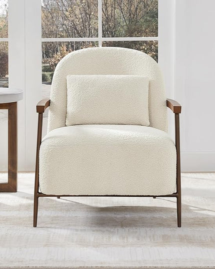 CHITA Accent Chair for Living Room Set of 2, FSC Certified Modern Upholstered Faux Sherpa Fabric Armchair with Metal Frame and Wooden Armrests, Ivory