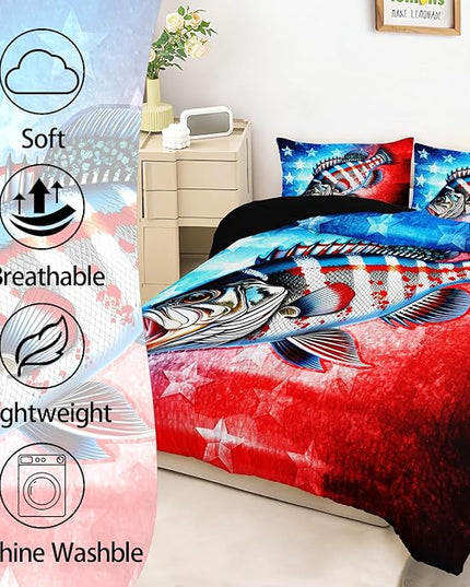 AILONEN Pike Fish Bedding Set Full Size - Red and Blue Bass Big Fishing Comforter Set with 2 Pillowcases,3-Piece Hunting Bedding