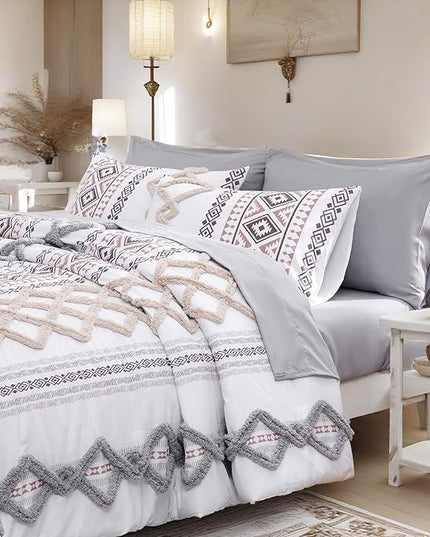 MOVE OVER Beige and Gray Tufted Comforter Set King Size 5 Pieces Farmhouse Bedding Set 100% Soft Microfiber Boho Aztec Bedroom Comforter Set Modern Style Ethnic Boho Tufted Bed Set for All Seasons
