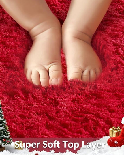 Ophanie Round Rug 4Ft Red Circle Area Rug, Christmas Room Decor, Aesthetic Nursery Bedroom Carpet, Fluffy Fuzzy Plush Soft Shaggy Living Room Rugs for Kids Boys Girls Home, Classroom