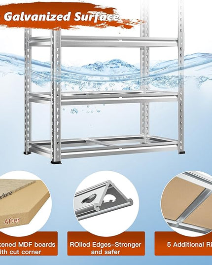 REIBII Garage Shelving, 5 Tier Storage Shelves Load 2020LBS, Adjustable Garage Shelves Heavy Duty, Metal Shelving Unit with Waterproof Columns for Warehouse, 35.5" W x 11.9" D x 72" H, Galvanized