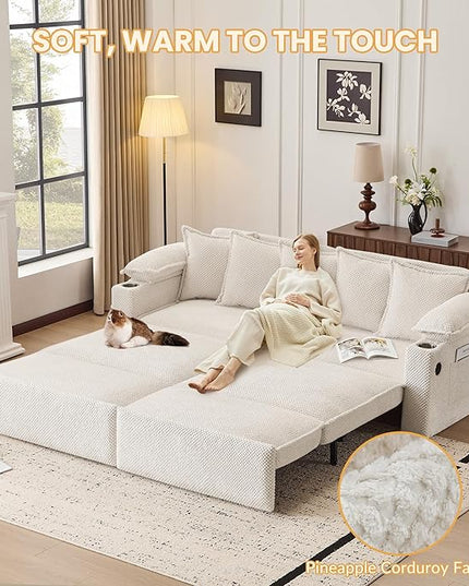 SUNWAVE 83" King Size Pull Out Sofa Bed, 4-in-1 Convertible Sleeper Sofa Bed with USB Ports, Cup Holders, Side Pockets, Corduroy Oversized Loveseat Chaise Lounge for Living Room, Small Space (White)