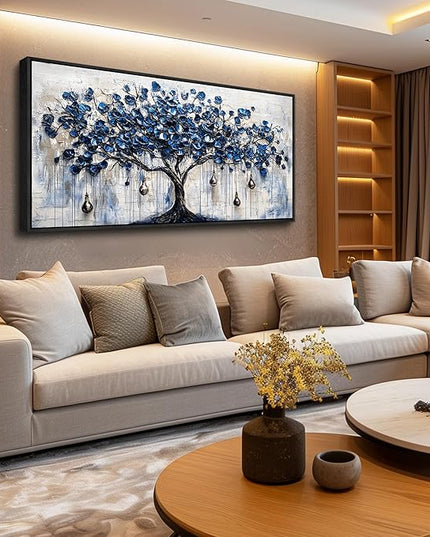 XIGUANGART Tree of Life Large Wall Art Watercolor Blue Farmhouse Framed Artwork Tree & bell Canvas Prints Pictures Modern Abstract Paintings Wall Decor for Living Room Bedroom Home Office Decoration