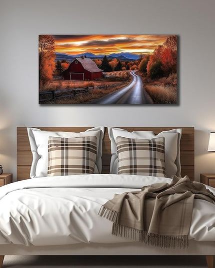 JuhaiArt Fall Wall Decor Red Barn Landscape Wall Art Natural Picture Sunset Scenery Canvas Decor for Living Room Bedroom Rustic Poster 24" x 48"