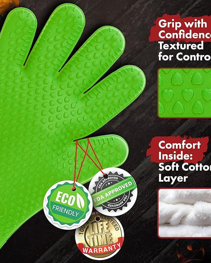 KITCHEN PERFECTION Silicone Smoker Oven Gloves -Extreme Heat Resistant BBQ Gloves-Handle Hot Food Right on Your Grill Fryer&Pit|Waterproof Grilling Cooking Baking Mitts |Superior Value Set +2 Bonuses