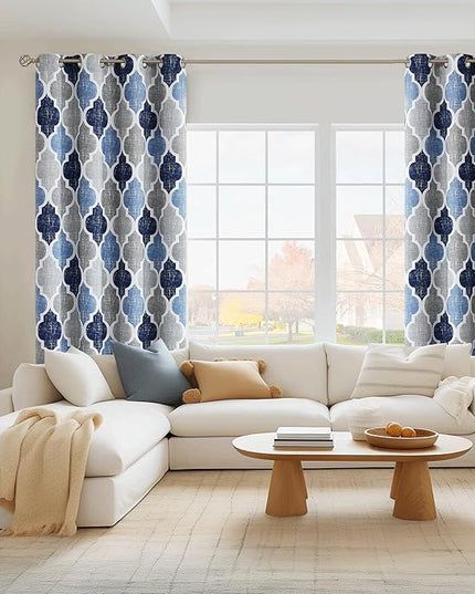 Beauoop 100% Blackout Curtains 54 Inches Long 2 Panels for Bedroom Living Room Blue Grey Moroccan Geo Room Darkening Thermal Insulated Soundproof Grommet Top Window Treatments Drapes, 50x54 Set of 2
