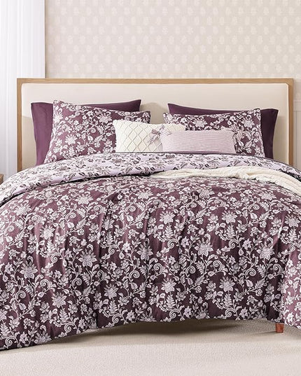 Queen Comforter Set -7 Pieces Floral Dark Purple Comforter Set for All Seasons, Bed in a Bag Queen with Botanical Flowers Comforter, Sheets, Pillowcases & Shams