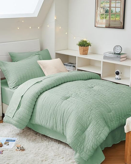 HYMOKEGE Sage Green Twin XL Comforter Set Seersucker 5 Pieces, All Season Luxury Bed in a Bag for Bedroom, Bedding Set with Comforter, Sheets, Pillowcase & Sham