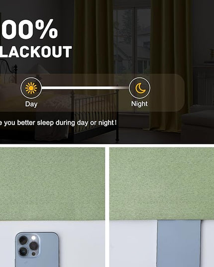 100% Blackout Linen Textured Curtains 84 Inch Length 2 Panels Set for Living Room, Bedroom, Light Weight Curtains with Grommets Top, Full Blackout Curtains Privacy Protection, Green, 52" W x 84" L