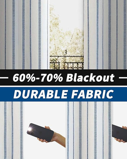 DriftAway Farmhouse Linen Blend Blackout Curtains 96 Inches Long for Bedroom Vertical Striped Printed Linen Curtains Thermal Insulated Lined Treatments for Living Room 2 Panels W52 x L96 Navy