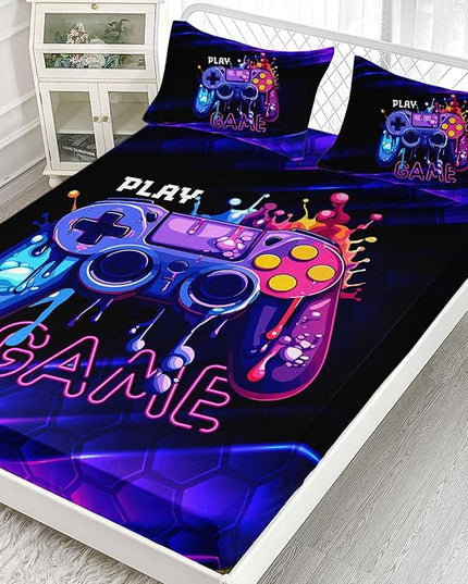 AILONEN Gamer Fitted Sheet Set Twin XL Size, Gaming Bed Sheet Set,Honeycomb Hexagon Games Sheets Set,Teen Boys Gamepad Bed Sheet Sets 3 Pieces, 1 Fitted Sheet and 2 Pillowcases