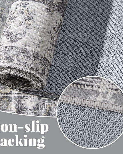 jinchan Fiora Hallway Runner Rug 3x8 Machine Washable Runner Rug Grey Vintage Floral Design Non-Slip Low Pile Ultra-Thin for Kitchen Laundry Room Bedroom Farmhouse (3‘x8', Grey)
