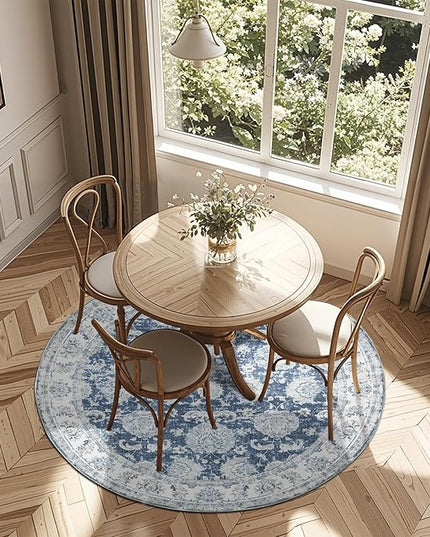 jinchan Fiora Round Rug 6ft Area Rug - Dark Blue Vintage Floor Mat Indoor Ultra-Thin Soft Floral Print - Washable Circle 6' Retro Accent for Farmhouse Non Slip Dining Room Living Room Bedroom Office