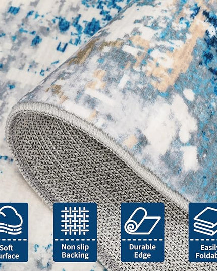 Modern Abstract 8x8 Round Area Rug Non Slip Non Shedding Rug Low Pile Stain Resistant for Bedroom Living Room Office Dining Room,Blue/Grey