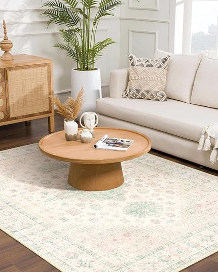 MUJOO Washable Rug 4x6.5,Boho Area Rugs for Bedroom Living Room Office Playroom,Small Non Slip Indoor Throw Carpet Low Pile Light Pink and Green