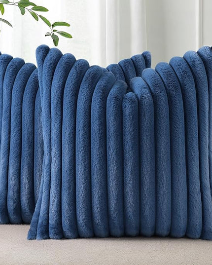 Pallene Faux Fur Plush Throw Pillow Covers 20x20 Set of 2, Luxury Soft Fluffy Striped Decorative Pillow Covers for Sofa, Couch, Living Room, Navy Blue