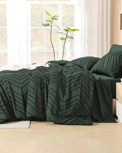 Litanika Forest Green California King Size Comforter Set with Sheets - 7 Pieces Bed in a Bag King Boho Tufted Complete Beddding Sets with Comforter, Sheets, Pillowcases & Shams