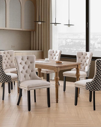 SoarFlash Velvet Dining Chairs Set of 8, Tall Back Side Chair, Modern Upholstered Side Chair with Button Back Ring, Solid Wood Legs (White&Plaid)