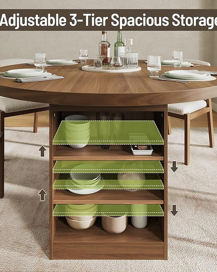 59'' Extendable Dining Table for 4-8, Round Kitchen Room Table with 3-Tier Storage Racks, Adjustable Shelves, Wooden Pedestal Base, for Kitchen, Dinner, Living Room, Office, Walnut