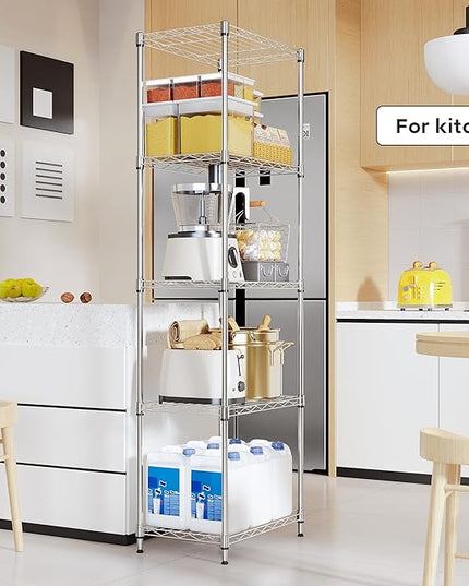 5 Tiers Shelf Metal Storage Shelves Wire Rack Closet Organizers with Wheel for Garage Kitchen Bathroom Laundry Chrome 11.8" D x 17.7" W x 55" H