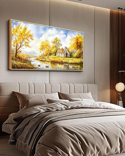 ERQINHUA Large Wall Decoration Canvas For Bedroom Wall Art For Living Room Office Decor Yellow Pastoral Creek Landscape Painting Wood Frame Pictures Art Print Farmhouse Home Wall Aesthetics 24"x48"
