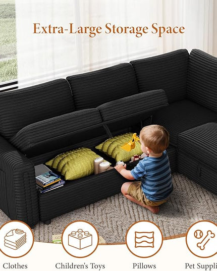 Vesgantti 88.4" Sectional Sleeper Sofa with Pull Out Bed, 5 Seater L Shaped Modular Sectional Couch with Storage, Comfy Corduroy Modular Couch for Living Room, Bedroom, Apartment, Black