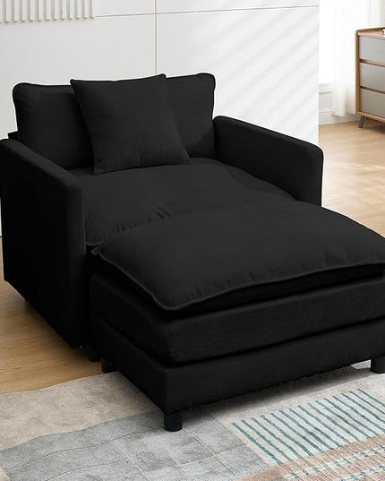 SZLIZCCC 56.3''D Oversized Chaise Lounge Chair Indoor, Comfy Chenille Upholstered Sofa Chair with Ottoman, Deep Seat Single Sofa Couch with 1 Pillow for Living Room(Black, 56.3"- Single Seat)
