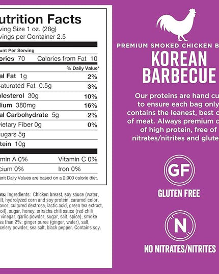Chef’s Cut Real Chicken Jerky | High Protein Meat Snack with 10 g Protein & 70 Calories, Gluten Free, Keto-Friendly, Premium Lean Smoked Chicken Breast | Korean Barbecue | 2.5 oz (Pack of 4)