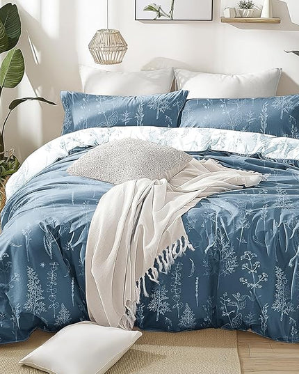 Love's cabin Bluish Grey Full Comforter Set - Full Size Comforter Set, 3 Pieces Cute Floral Bedding Sets for All Seasons,1 Soft Reversible Botanical Flowers Comforter and 2 Pillow Shams