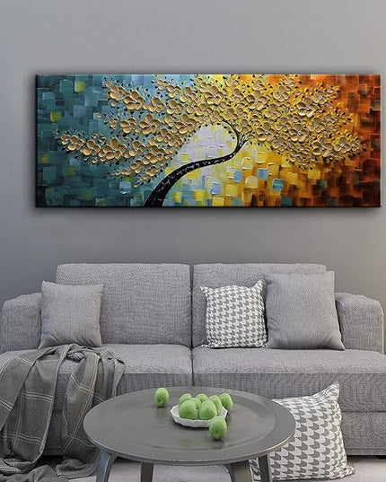 YaSheng Art -100% Hand Painted 3D Golden Flowers Contemporary Art Oil Painting On Canvas Texture Palette Knife Tree Paintings Home Dining Room Living Room Wall Decor Large Abstract Canvas Art Paintings 24x60inch