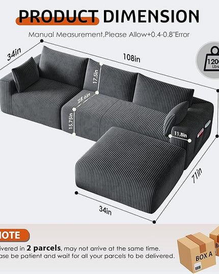 108”Modern Modular L-Shape Couch with Chaise, Modular Sectional Couches for Living Room, Deep Seat Boneless Sofa Bed, No Assembly Required Sleeper Sofa, Plush Corduroy Fabric, Dark Gray