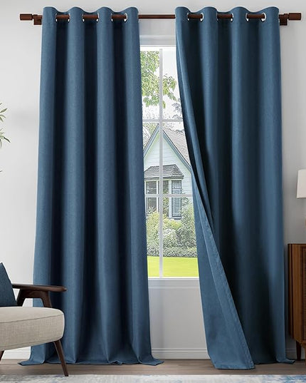 100% Blackout Linen Textured Curtains for Living Room, Bedroom, Light Weight Curtains with Grommets Top, Full Blackout Curtains Privacy Protection, Dark Blue, 52" W x 108" L, 2 Panels