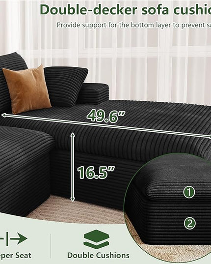 136" Cloud Couch Modular Sectional Sofa for Living Room, L-Shape Boneless Couch with Deep Seat, Modern Corduroy 4-Seater, No Assembly Required (Black,Right-Facing Chaise)