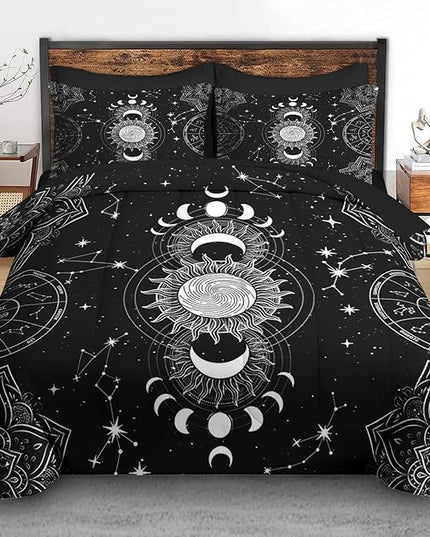 Comforter Set Queen Size, Sun Moon Tarot Vintage 7 Pcs Bedding for Kids and Adults, Boho Bohemian Retro Bed Sheet Sets with Fitted Sheet 2 Pillowcases & 2 Shams for Bedroom Bed Decor
