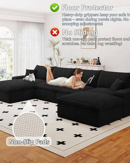 136" Cloud Couch Modular Sectional Sofa for Living Room, U-Shape Boneless Couch with Deep Seat, Modern Corduroy 4-Seater with Ottoman, No Assembly Required (Black,Left-Facing Chaise)
