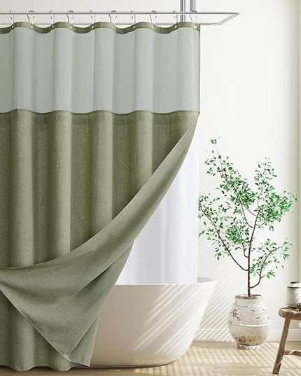 Naturoom Sage Green Linen Shower Curtain with Liner and Hooks Boho Farmhouse Shower Curtains for Bathroom Heavy Duty Textured Burlap Cloth Double Bath Curtains with See Through Top Window 72x72