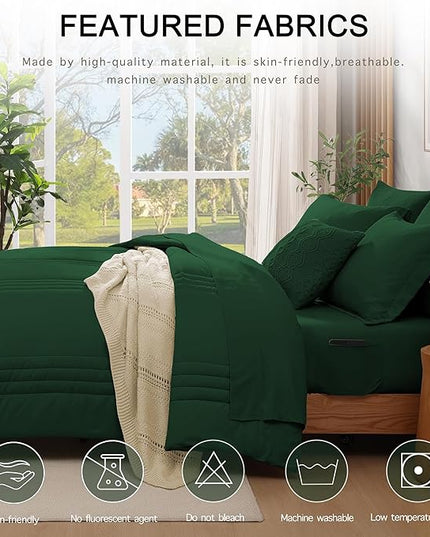 Monbix Queen Comforter Set - 7 Pieces Emerald Green Bed in a Bag Queen Bedding Sets with Comforters, All Seasons Comforter Bed Set with Sheets, Pillowcases & Shams